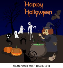 Halloween themed set with:a witch,a cauldron,a broom,ghosts,a mummy, trees,cats and pumpkins,this set can be used as a postcard,or individual characters for decorating social networks,presentation etc