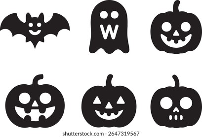 Halloween Themed Silhouettes of Festive Bat Ghost and Jack O' Lanterns for Holiday Decorations and Party Invites