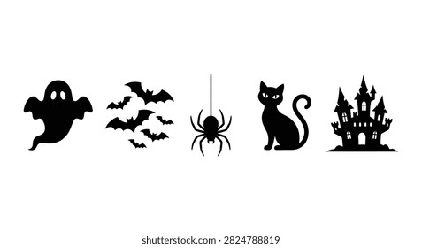 Halloween themed silhouettes of ghost bats spider cat and castle silhouette specter