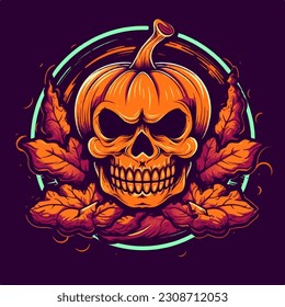 A halloween themed skull carved in a pumpkin logo