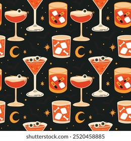 Halloween temática espeluznante diseño de patrón sin fisuras de Vector con cócteles de alcohol de fiesta, bebidas, ilustración de murciélagos en estilo funky groovy retro de dibujos animados planos, decoración, menú de bar, fondo
