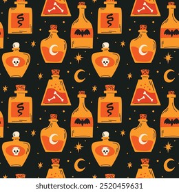 Halloween temática espeluznante diseño de patrón sin fisuras de Vector con botella de corcho de vidrio de poción, tarros de boticario, ilustración de frasco de veneno en estilo funky retro groovy plano de dibujos animados, decoración de fondo