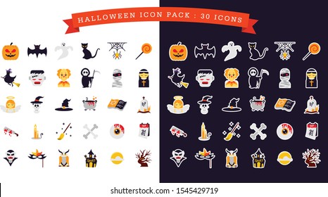 Halloween themed vector icon pack consisting of 30 icons. Included in dark and light style