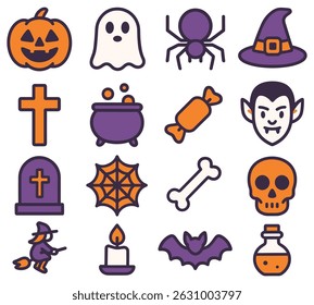 Halloween themed vector icons illustration perfect for a fun and spooky celebration with colorful designs and elements