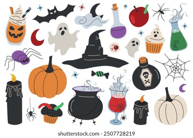 Conjunto de Ilustración vectorial temática de Halloween con calabazas, calderos, sombrero de bruja, doodle iconos de fantasmas, murciélagos y Web de araña, golosinas espeluznantes. Colección de decoraciones misteriosas, símbolos de Halloween