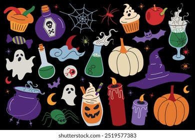 Halloween themed vector illustration set with pumpkins, cauldrons, witch hat, doodle icons of ghosts, bats, and spider web, spooky treats on dark background. Eerie decorations collection