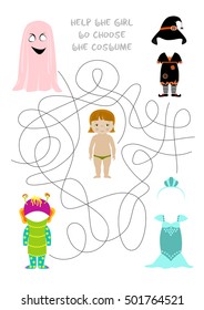 Halloween themed vector maze game, What costume will the girl choose for party. Answer - witch. A4 format ready for print.