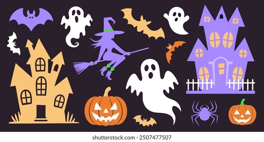 Halloween themed vector set illustrations of ghosts, pumpkins, witch, bats, and haunted houses