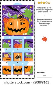 Halloween themed visual logic puzzle with pumpkin, bats and spider: What of the 2 - 10 are not the fragments of the picture 1?  Answer included.
