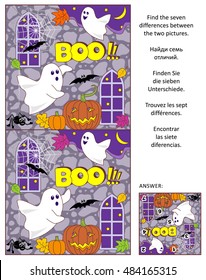 Halloween themed visual puzzle: Find the seven differences between the two pictures of little playful ghosts, bats, pumpkins. Answer included.

