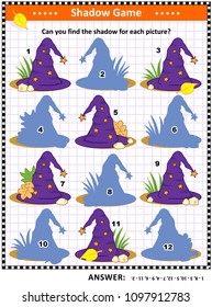 Halloween themed visual puzzle or picture riddle with witch's hat: Can you find the shadow for each picture. Answer included.