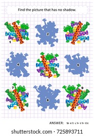 Halloween themed visual puzzle or picture riddle with candy and frogs: Find the picture that has no shadow. Answer included.
