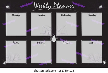 Halloween themed weekly planner, with a background of bats, spiders and webs.