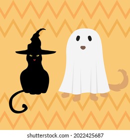El gato de bruja con temática de Halloween y el perro fantasma están sentados juntos en un fondo naranja