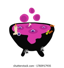 halloween themed witch cauldron icon, pink magic potion with eyes and bones, candles and candies on the edge of the boiler, symbol isolated on white background, flat design vector illustration