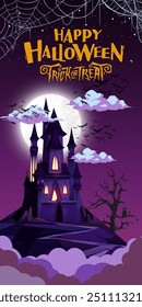 Halloween theme,picture of spooky castle with group of bats around the castle and full moon, with purple and starry night.