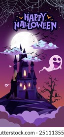 Halloween-Thema, Bild der unheimlichen Burg mit Gruppe von Fledermäusen rund um die Burg und Geist, mit violetten und sternenklaren Nacht.