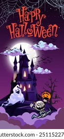 Halloween theme,picture of spooky castle with group of bats around the castle and full moon, with purple and starry night.
