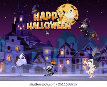 Tema de Halloween, foto da cidade assustadora com fantasma, múmia, bruxa e lua cheia.