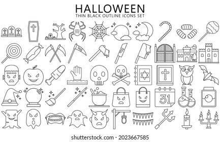 Halloween thin black outline Icons set, include ghost, candy, mask, skull, zombie, moon and others. Used for modern concepts, web, UI or UX kit and applications, EPS 10 ready convert to SVG