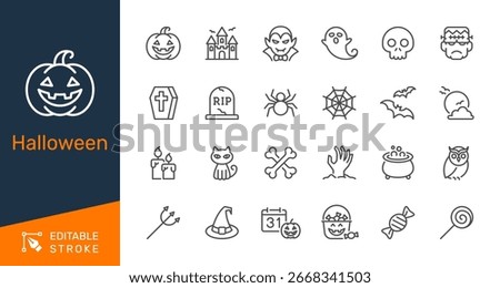 Halloween thin line icon collection for spooky, horror, party and trick or treat concept. Editable stroke. Pixel perfect.