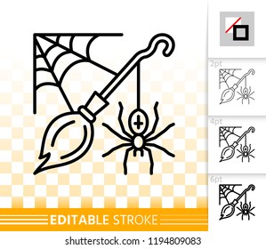 Halloween thin line icon. Outline web sign of broomstick. Corner spiderweb linear pictogram with different stroke width. Simple vector transparent symbol. Halloween editable stroke icon without fill