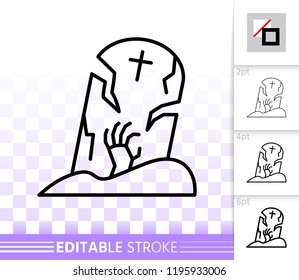 Halloween thin line icon. Outline web sign of tombstone. Cemetery Grave linear pictogram with different stroke width. Simple vector transparent symbol. Halloween editable stroke icon without fill