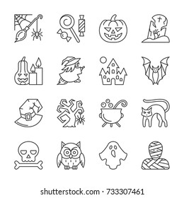 Juego de iconos de línea delgada de Halloween. Paquete de símbolos lineal vectorial. Signo de esquema sin relleno. Trazo editable. Colección gráfica simple de pictograma. Concepto de logotipo para diseño web, infografía, estilo empresarial