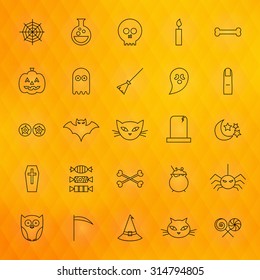 Halloween Thin Line Icons Set. Vector Collection of Scary Autumn Holiday Modern Thin Line Icons for Web and Mobile over Orange Polygonal Blurred Abstract Background. Sweets and Treats