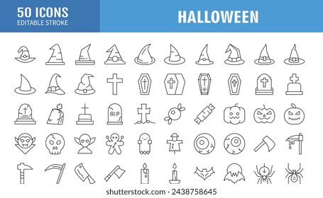 HALLOWEEN - conjunto de iconos de vector de línea fina. Píxel perfecto. Trazo editable. El conjunto contiene iconos: Halloween, Calabaza, Vampiro, Cementerio, Cráneo, Fantasma, Poción, Araña, Mano Zombie.