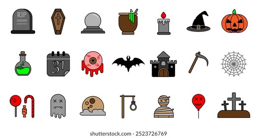 HALLOWEEN - Vector de línea delgada conjunto de iconos. Píxel perfecto.