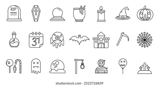 HALLOWEEN - Vector de línea delgada conjunto de iconos. Píxel perfecto.