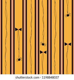 Halloween, thin vertical stripes in black, orange and white with spiders, bow ties. Seamless vector pattern. Kids, trick or treat, party decorations, paper, textiles, event flyers, graphic design. 