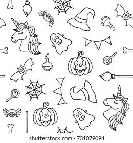 Halloween things and unicorn black outline seamless pattern