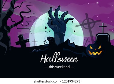 Halloween this weekend banner design with zombie hand 2. Creative lettering with zombie hand from grave, pumpkin, cemetery, tree and full moon. Can be used for posters. 