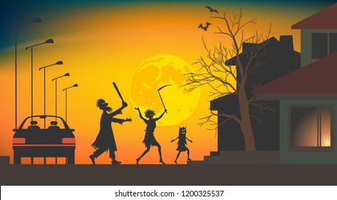 Halloween with the threat of pranks. Family in costumes treats door-to-door. Vector illustration EPS-8.