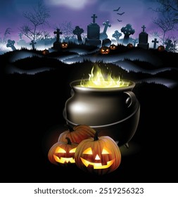 Halloween . Three glowing pumpkins and a pot  against the backdrop of a night cemetery. High detailed realistic illustration