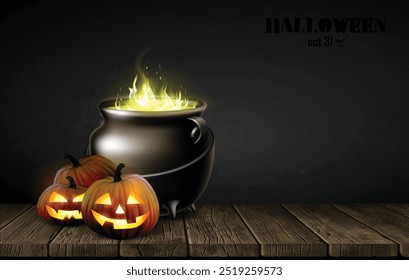 Halloween . Three glowing pumpkins and a pot on a wooden table. High detailed realistic illustration.