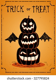 halloween three pumpkin with wings of bat and trick or treat