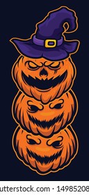 Halloween Three Pumpkin Witch Wizard Head Vector With Hand 
Mascot Vector Illustration Suitable For Logo or Anything - Spooky Monster