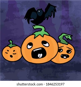 Halloween. Three pumpkins are in a dark forest. One pumpkin fell asleep, and the other two were frightened by the crows.