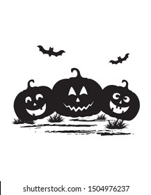 Halloween three Pumpkins Laughing with Bat