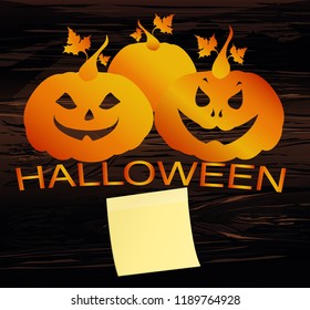 Halloween. Three of a pumpkins. Vector on wooden background. Greeting card for a holiday or an invitation to a party. Yellow sheet of paper for notes. Sticker.