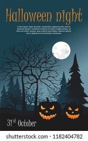 Halloween. Three Scary halloween pumpkin of the night forest  background. 