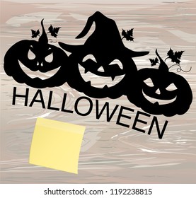 Halloween. Three Silhouette of a pumpkins. Vector on wooden background. Greeting card for a holiday or an invitation to a party. Yellow sheet of paper for notes. Sticker.