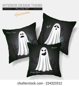 Halloween Throw Pillow set design. Vector template. Flying Spooky Ghosts with scary & funny faces against dark Gothic background. Creative Sofa Pillows. Vector design is layered, editable. Sample text