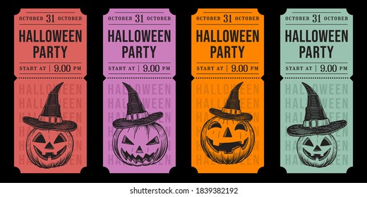 Halloween ticket colorful retro vintage vector set. vertical