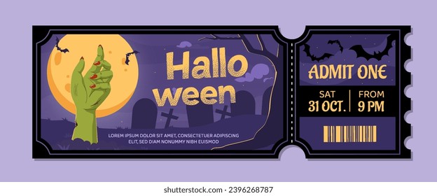 El concepto de la entrada de Halloween. Festividad internacional de miedo y horror. Películas y series aterradoras. Mano zombie verde en el cementerio. Dibujo vectorial plano de dibujos animados aislado en fondo azul