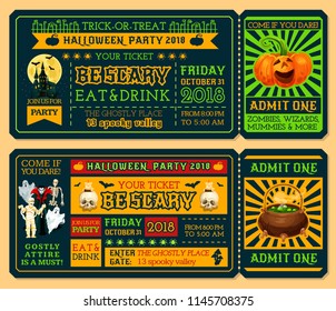 Halloween ticket template for october holiday night party. Admit one ticket design with horror pumpkin lantern, ghost and bat, spooky house, moon and skeleton skull, mummy, zombie and vampire monster