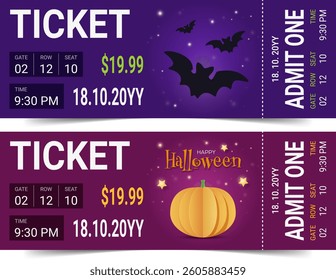 Halloween ticket templates. Admit one ticket designs. Vector illustration.